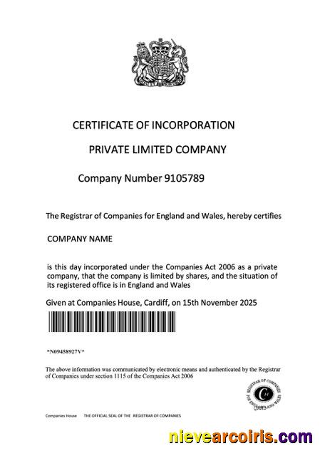 UK certificate of incorporation of a private limited company, version 2